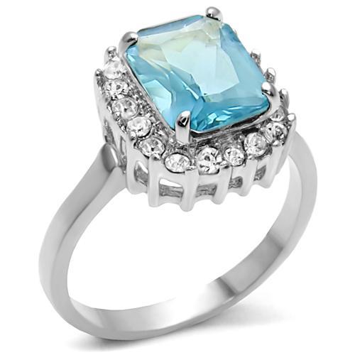 High polished (no plating) Stainless Steel Ring with Synthetic Synthetic Glass in Sea Blue