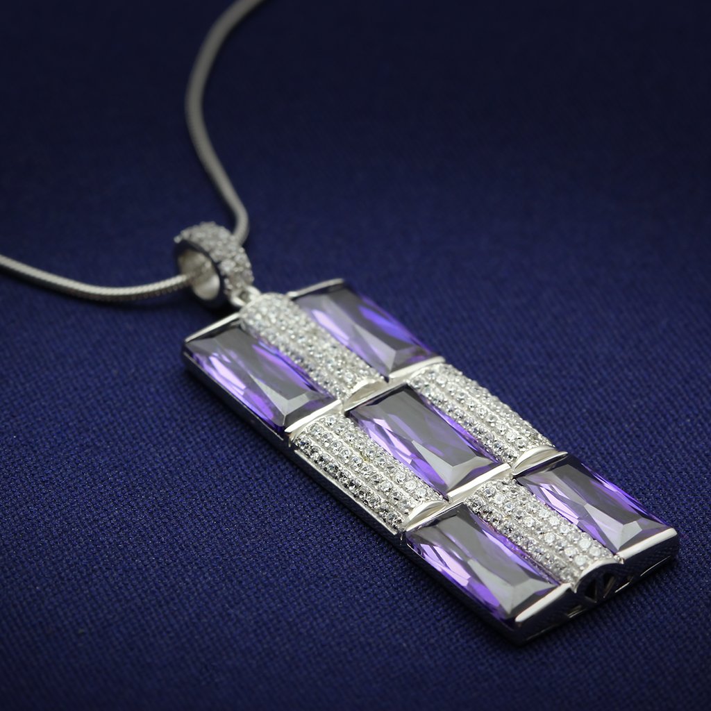 Rhodium 925 Sterling Silver Chain Pendant with AAA Grade CZ  in Amethyst