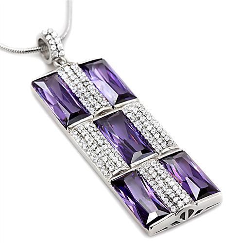Rhodium 925 Sterling Silver Chain Pendant with AAA Grade CZ  in Amethyst