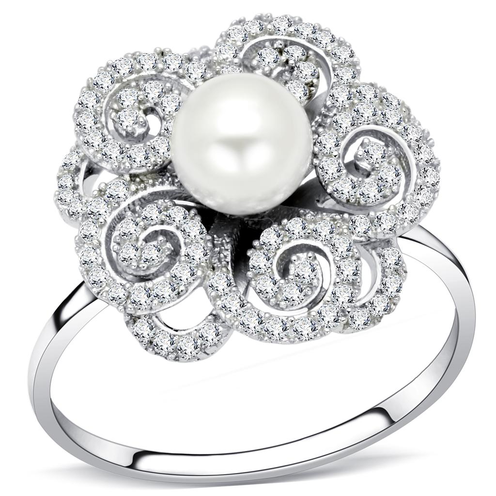Rhodium 925 Sterling Silver Ring with Synthetic Pearl in White
