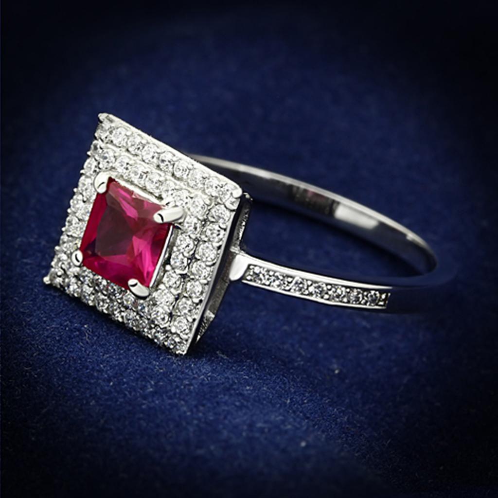Rhodium 925 Sterling Silver Ring with Synthetic Corundum in Ruby