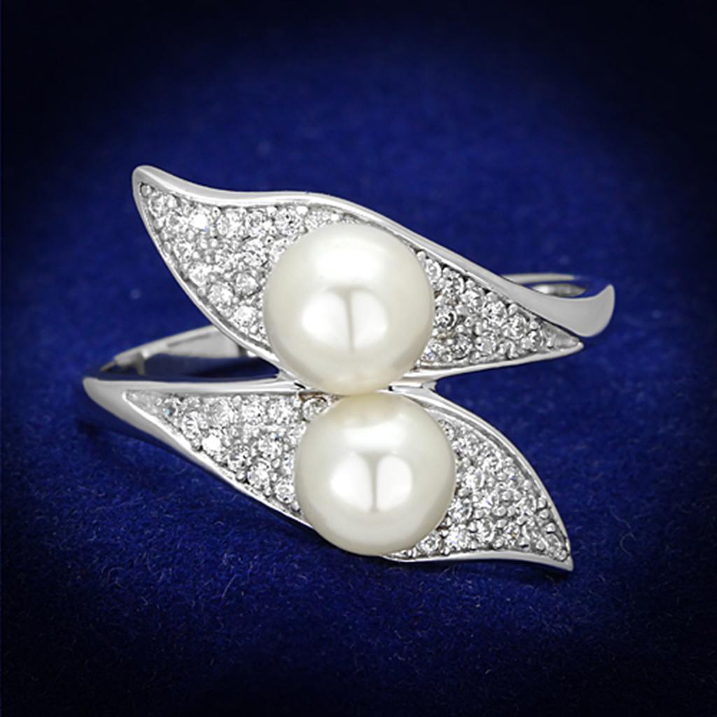 Rhodium 925 Sterling Silver Ring with Synthetic Pearl in Citrine Yellow