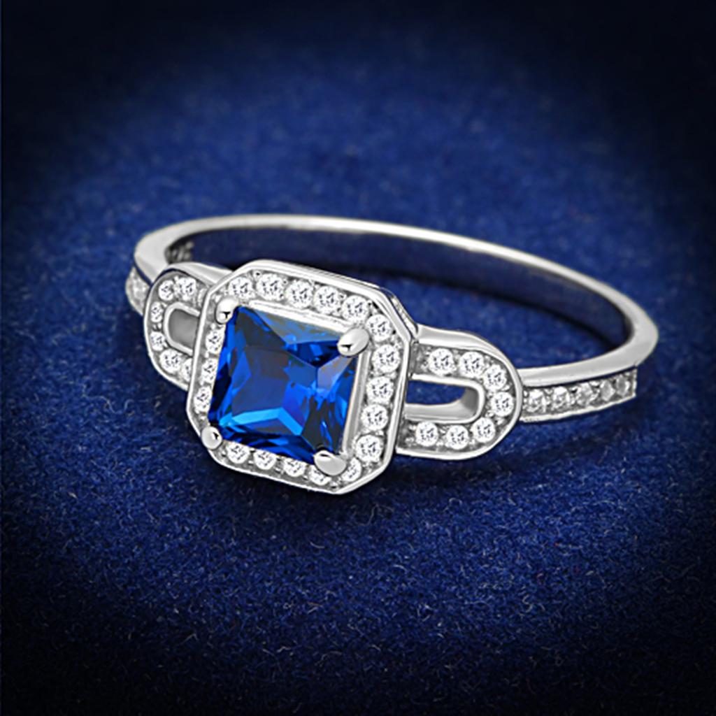 Rhodium 925 Sterling Silver Ring with Synthetic Spinel in London Blue