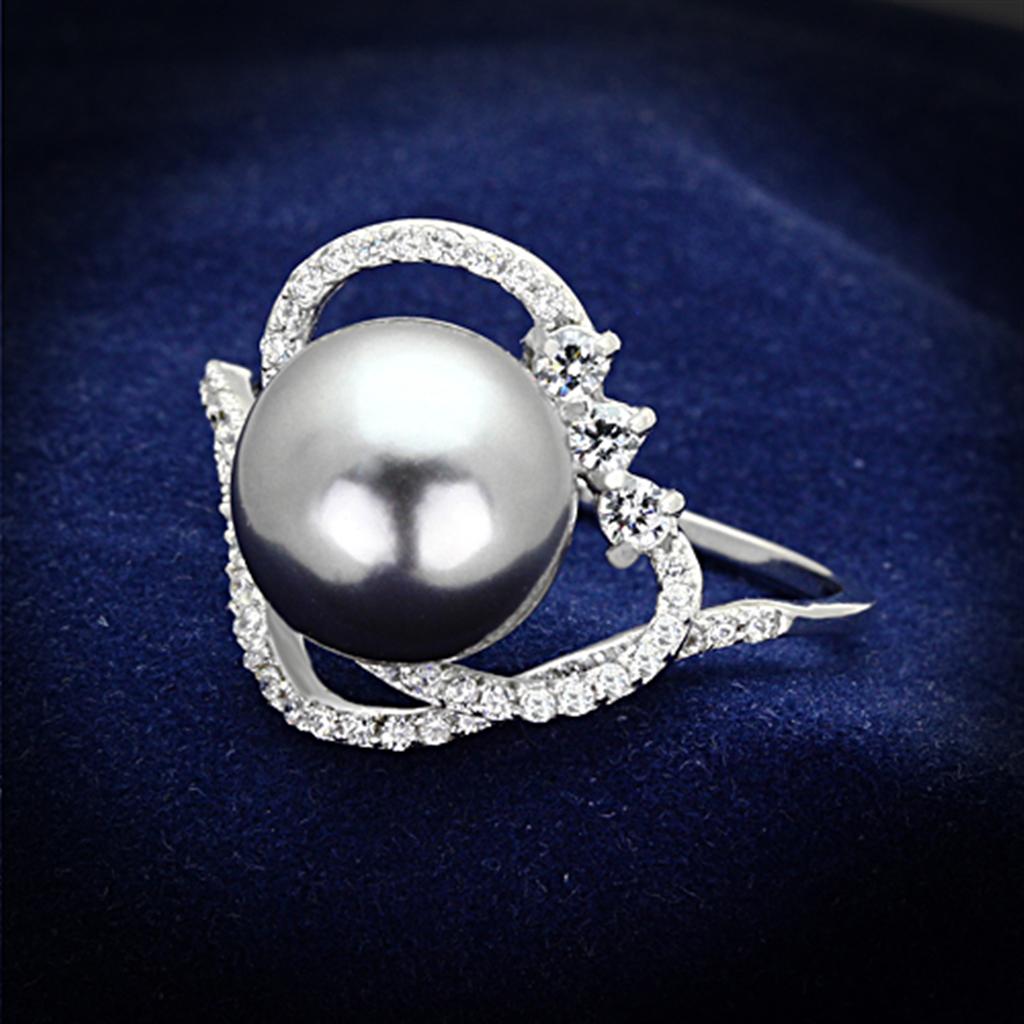 Rhodium 925 Sterling Silver Ring with Synthetic Pearl in Gray