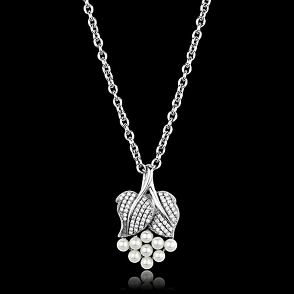 Rhodium 925 Sterling Silver Chain Pendant with Synthetic Pearl in White