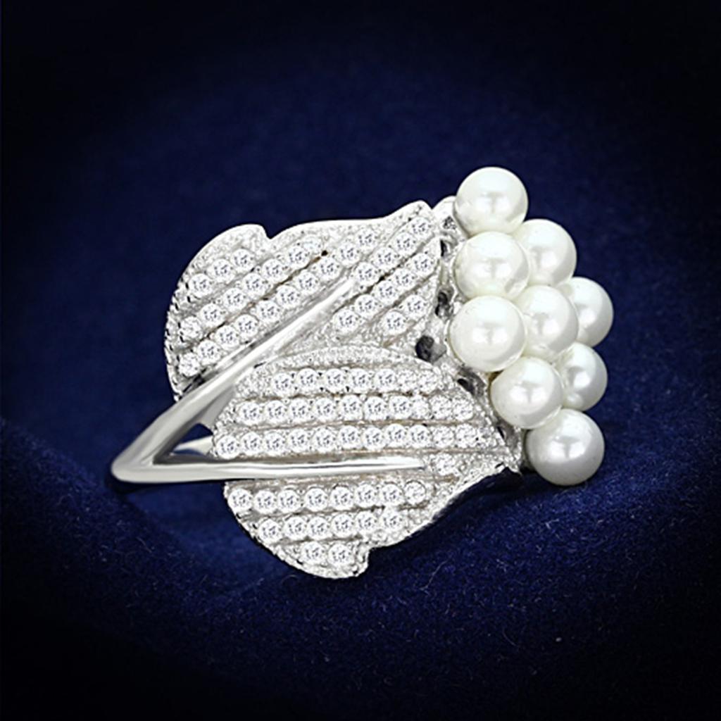 Rhodium 925 Sterling Silver Ring with Synthetic Pearl in White