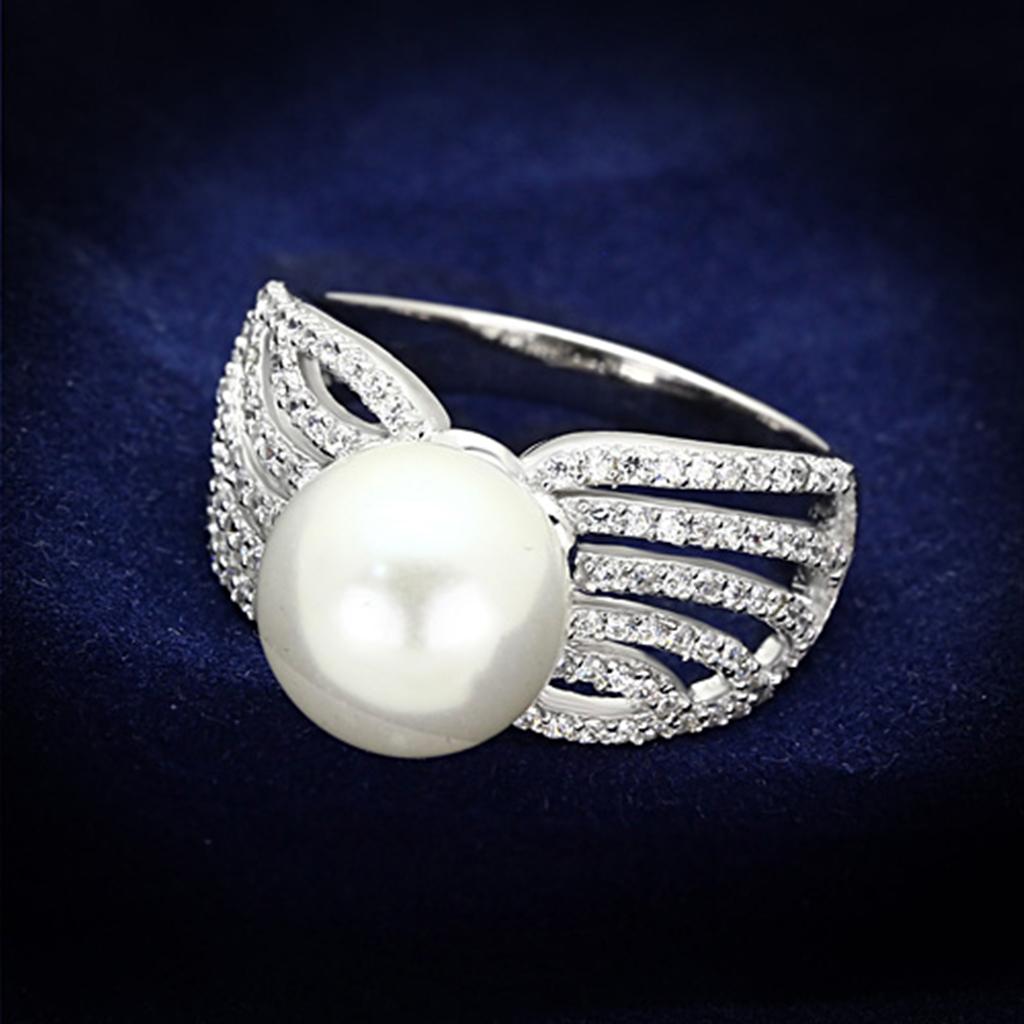 Rhodium 925 Sterling Silver Ring with Synthetic Pearl in White