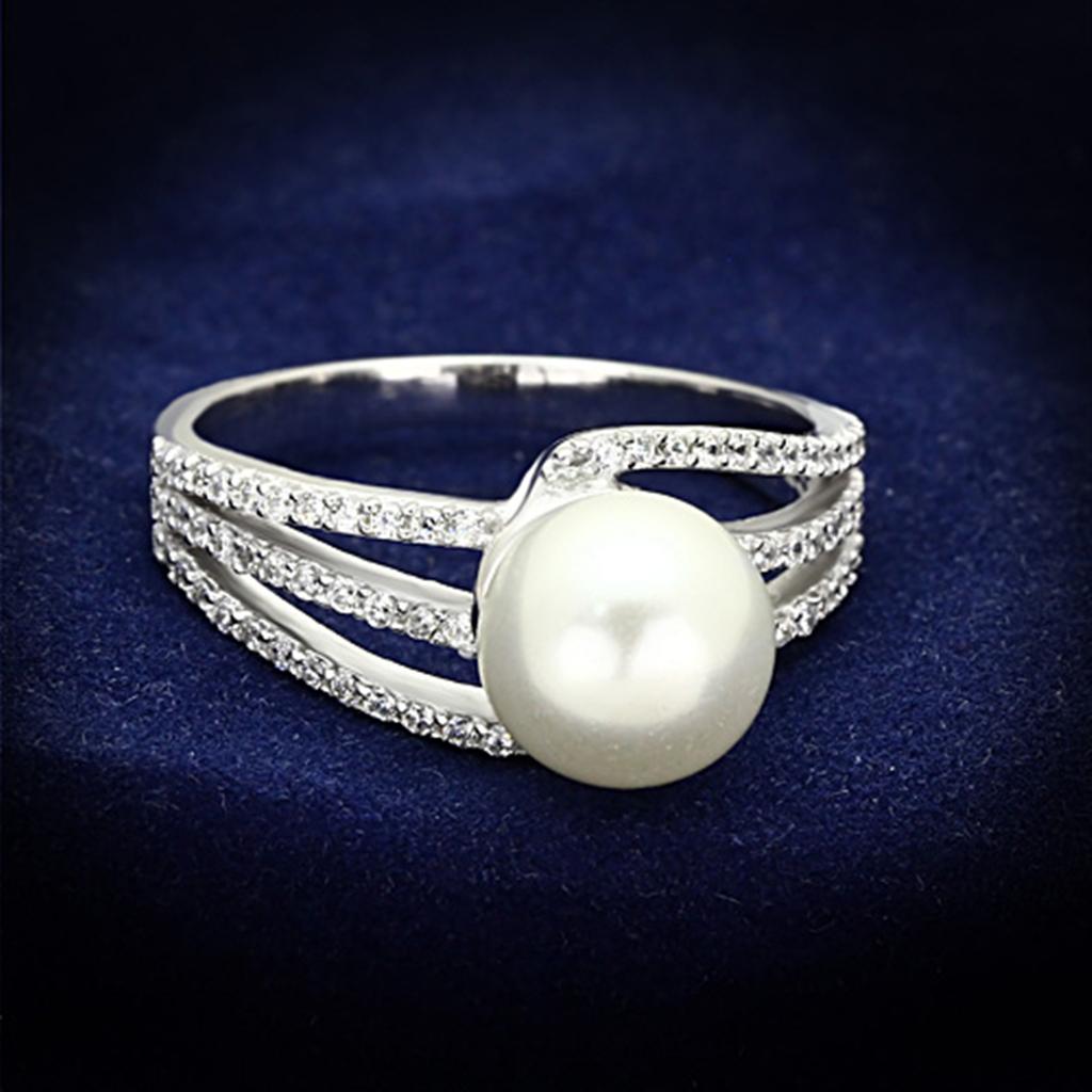 Rhodium 925 Sterling Silver Ring with Synthetic Pearl in White