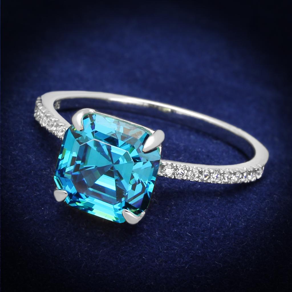 Rhodium 925 Sterling Silver Ring with Cubic  in Sea Blue