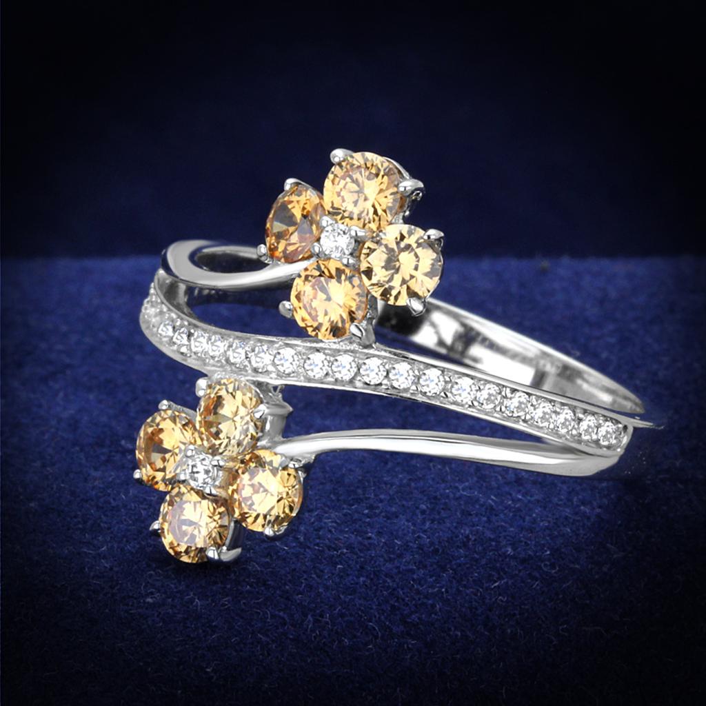 Rhodium 925 Sterling Silver Ring with AAA Grade CZ  in Champagne