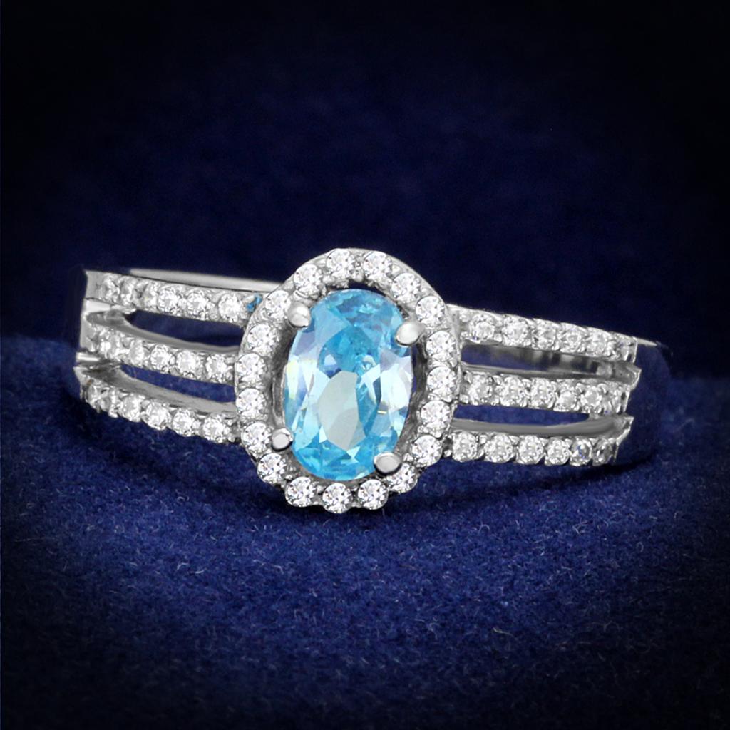 Rhodium 925 Sterling Silver Ring with AAA Grade CZ  in Sea Blue