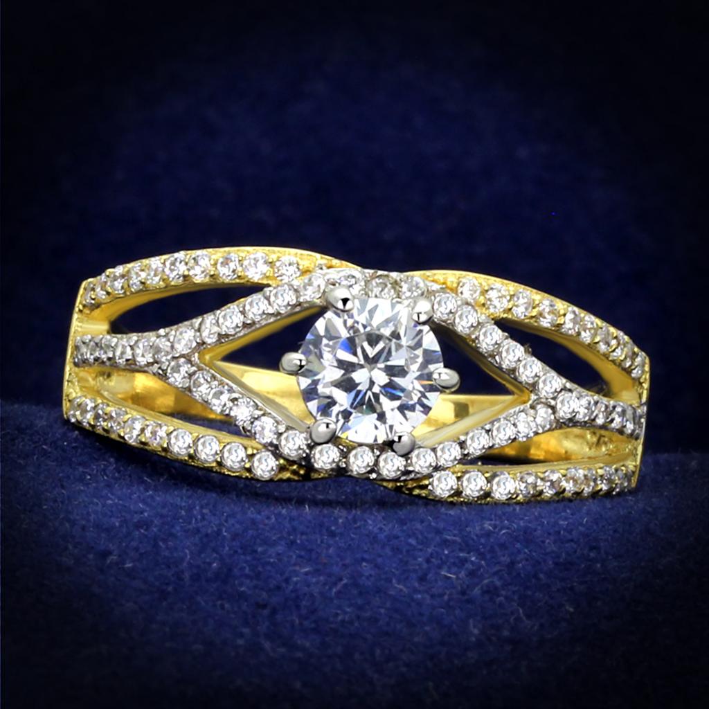 Gold+Rhodium 925 Sterling Silver Ring with AAA Grade CZ  in Clear