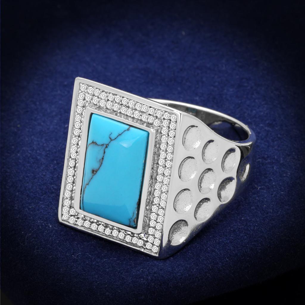 Rhodium 925 Sterling Silver Ring with Synthetic Turquoise in Sea Blue
