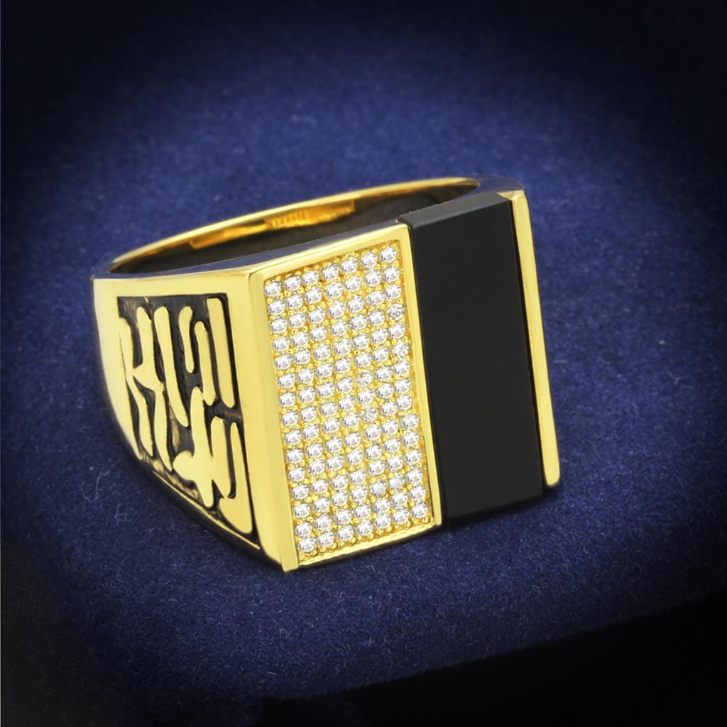 Gold 925 Sterling Silver Ring with Semi-Precious Onyx in Jet
