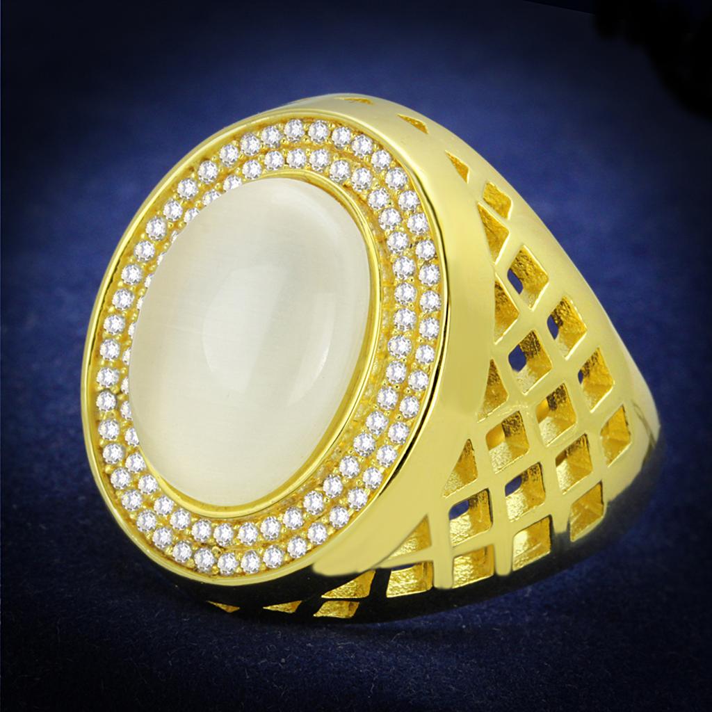 Gold 925 Sterling Silver Ring with Synthetic Cat Eye in White
