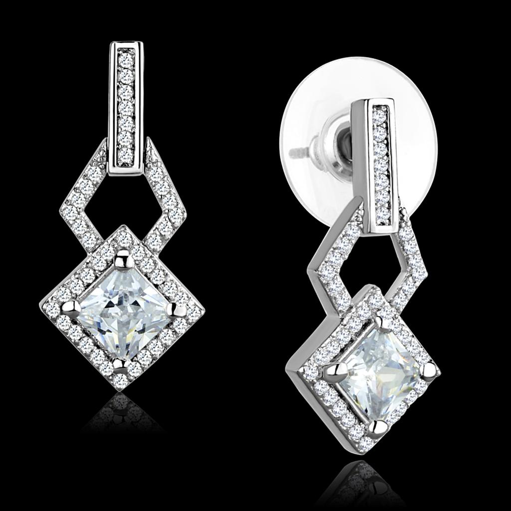 Rhodium 925 Sterling Silver Earrings with AAA Grade CZ  in Clear