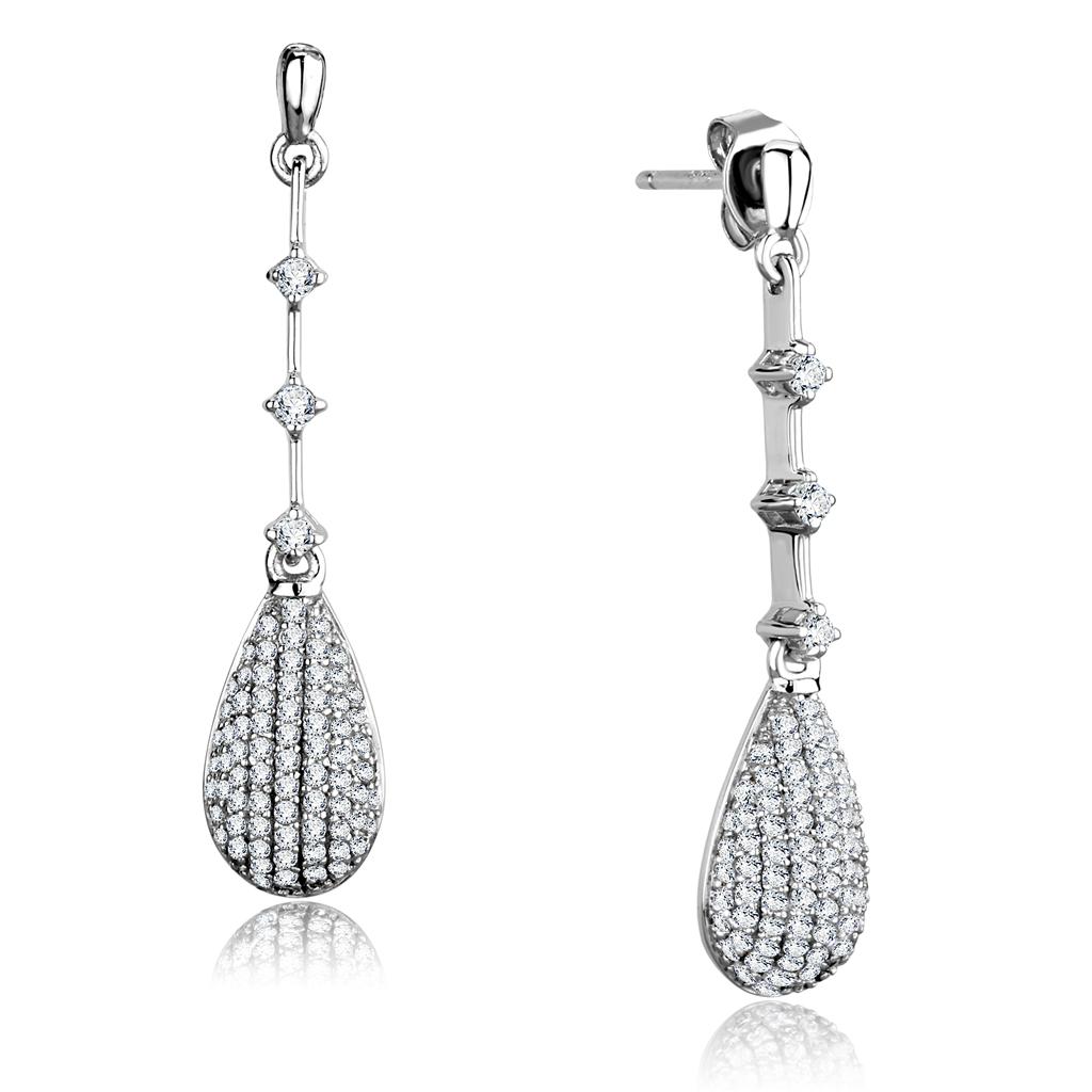 Rhodium 925 Sterling Silver Earrings with AAA Grade CZ  in Clear