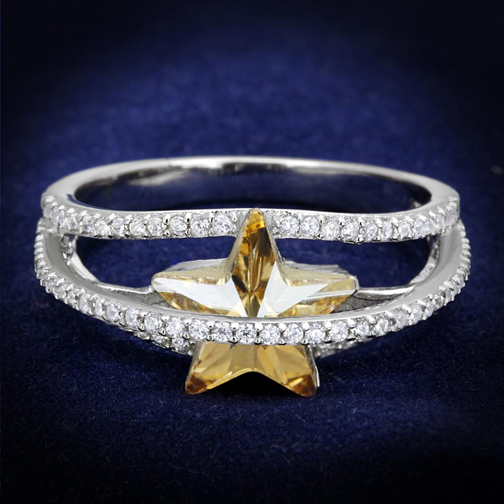Rhodium 925 Sterling Silver Ring with Top Grade Crystal  in Citrine Yellow