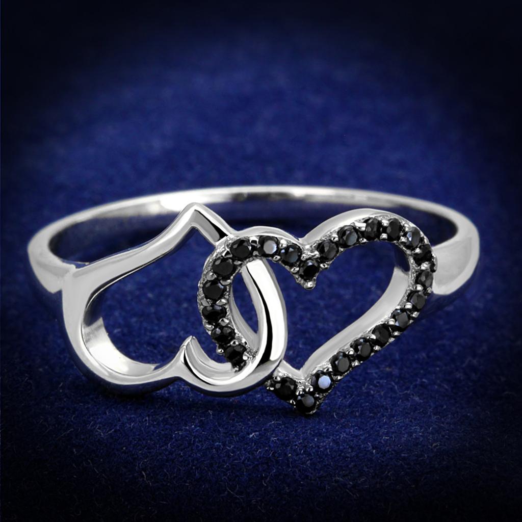 Rhodium + Ruthenium 925 Sterling Silver Ring with AAA Grade CZ  in Black Diamond