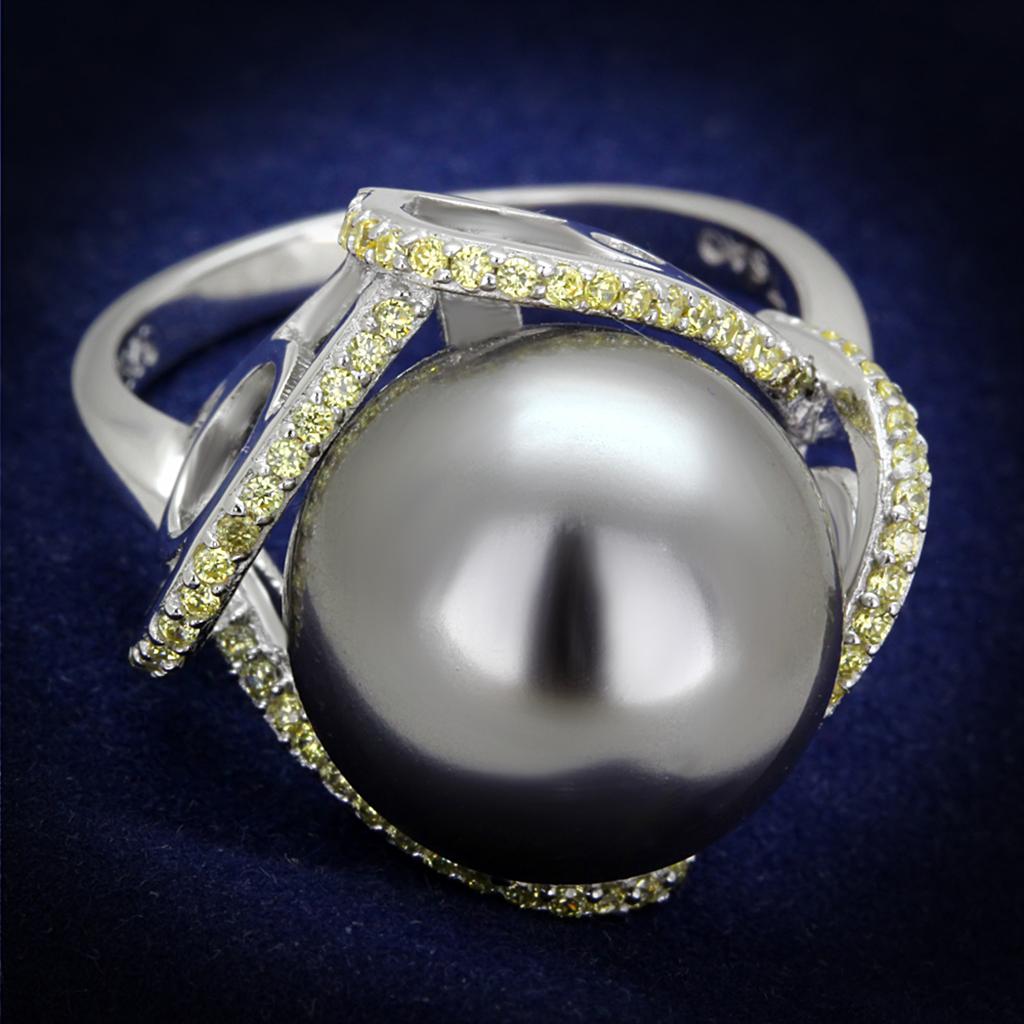 Rhodium 925 Sterling Silver Ring with Synthetic Pearl in Gray