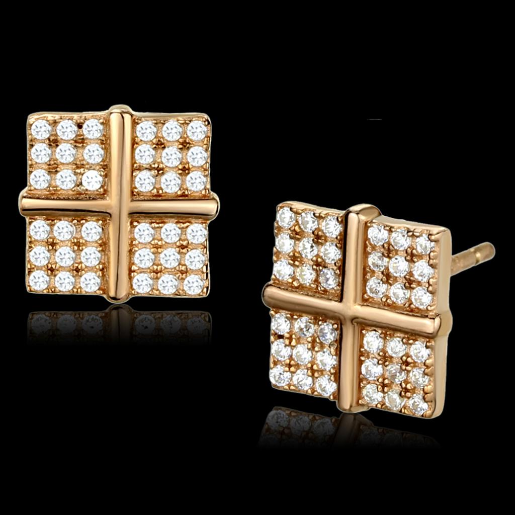 Rose Gold 925 Sterling Silver Earrings with AAA Grade CZ  in Clear