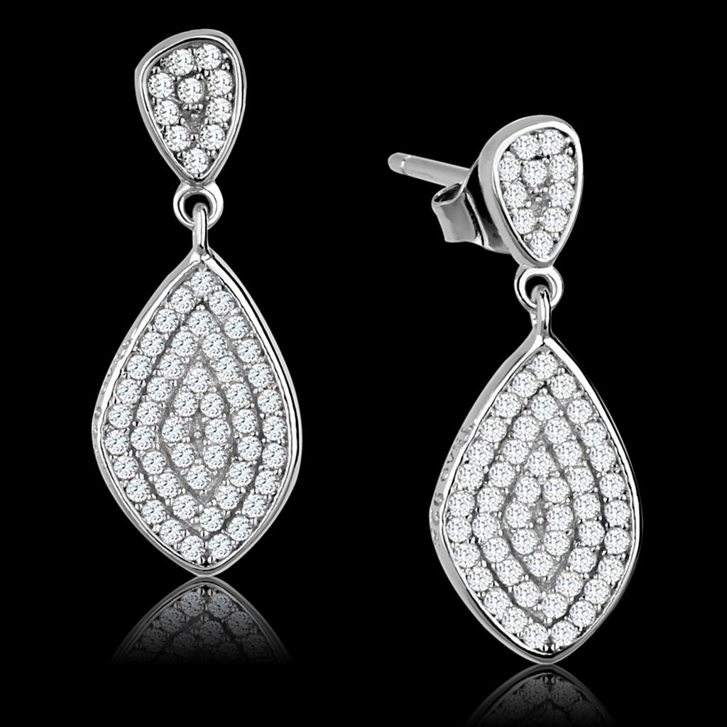 Rhodium 925 Sterling Silver Earrings with AAA Grade CZ  in Clear