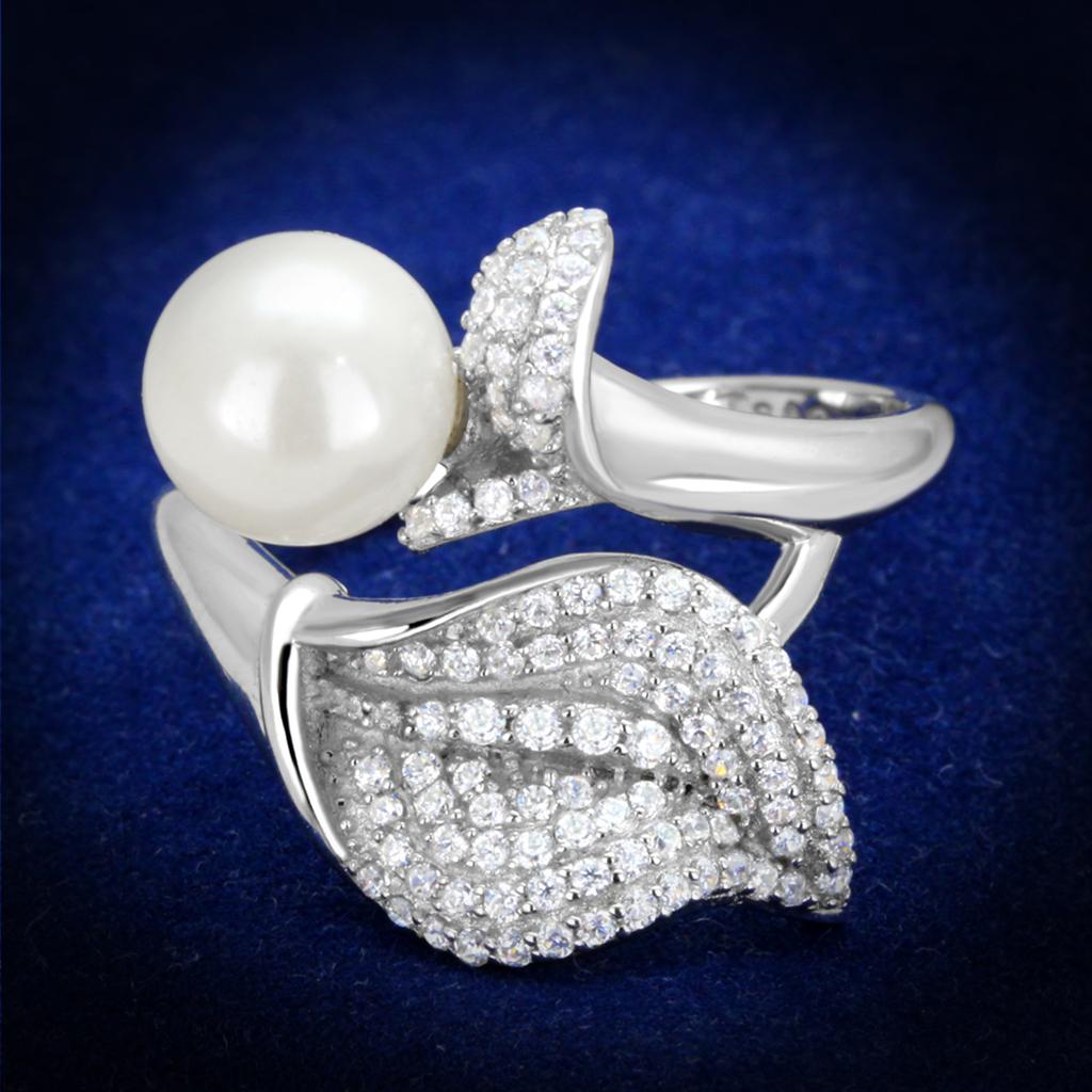 Rhodium 925 Sterling Silver Ring with Synthetic Pearl in White