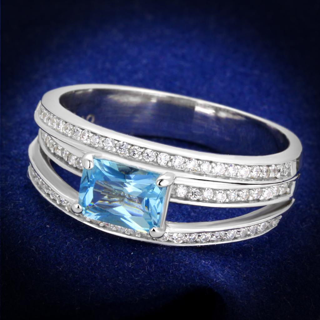 Rhodium 925 Sterling Silver Ring with Synthetic Synthetic Glass in Sea Blue