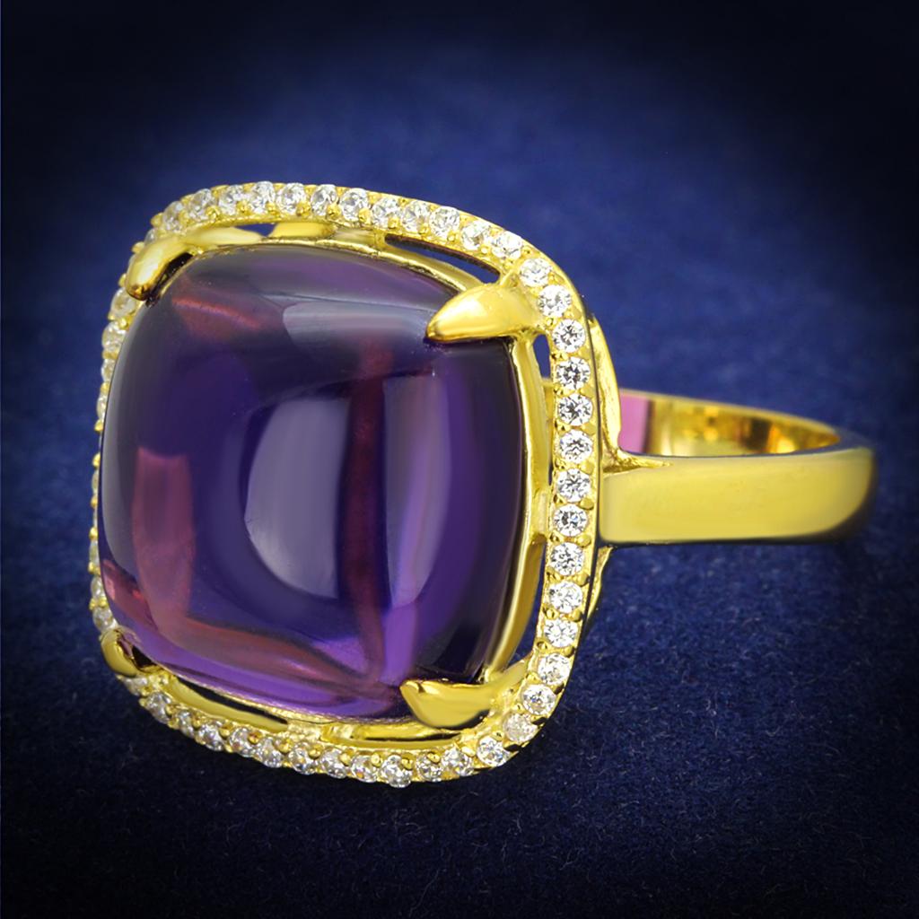 Gold 925 Sterling Silver Ring with Synthetic Synthetic Glass in Amethyst