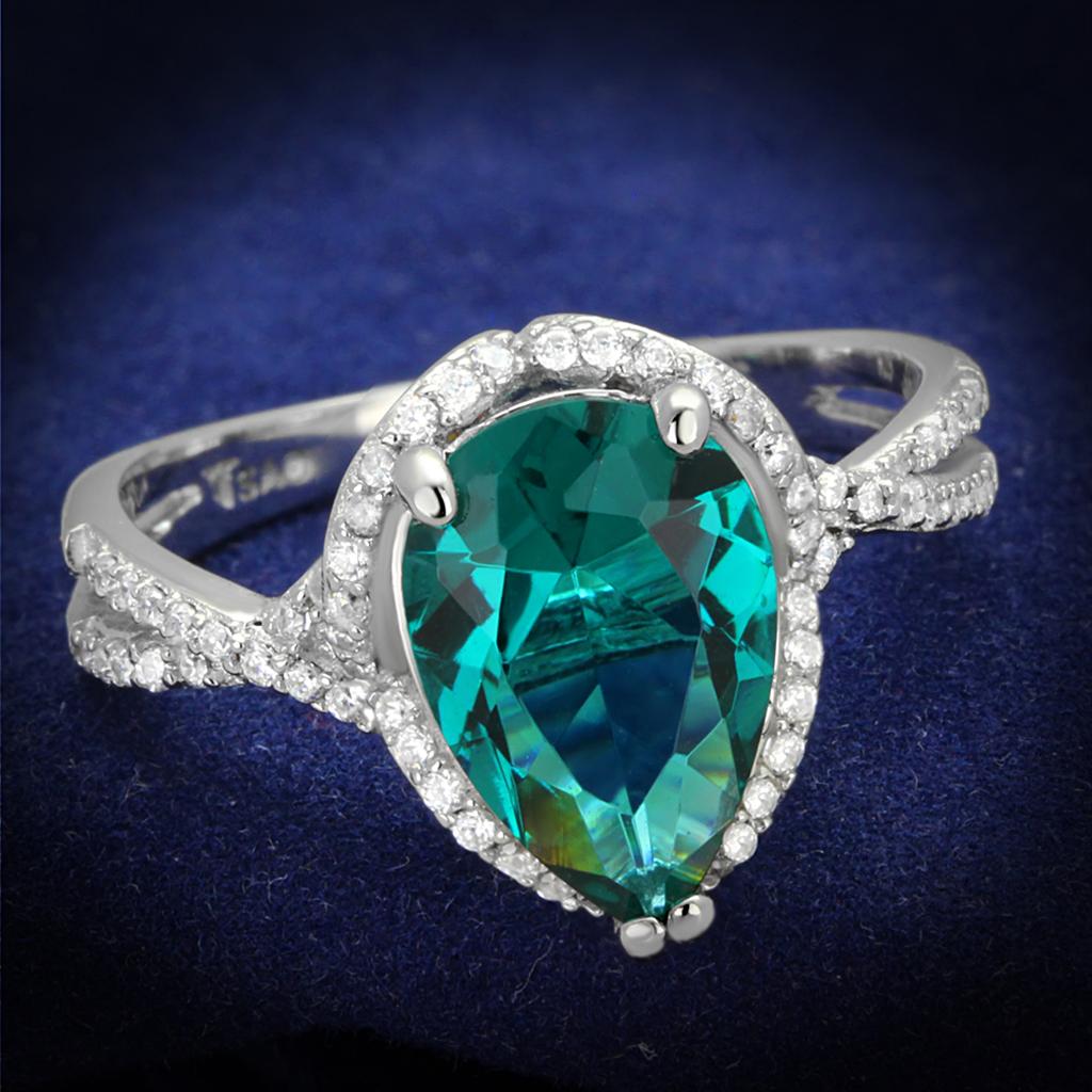Rhodium 925 Sterling Silver Ring with Synthetic Synthetic Glass in Blue Zircon