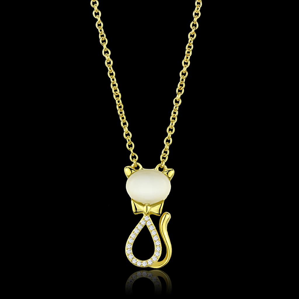 Gold 925 Sterling Silver Chain Pendant with Synthetic Cat Eye in White