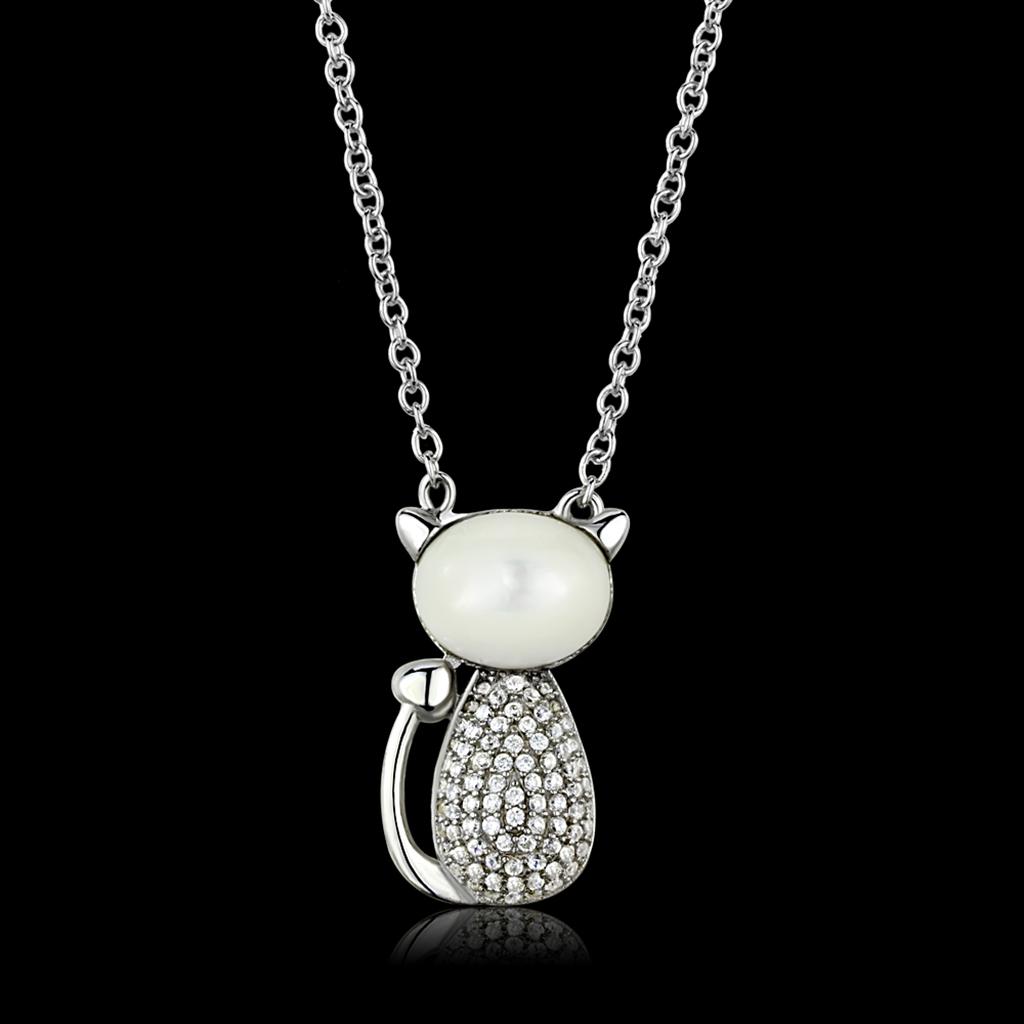 Rhodium 925 Sterling Silver Chain Pendant with Synthetic Synthetic Glass in Clear