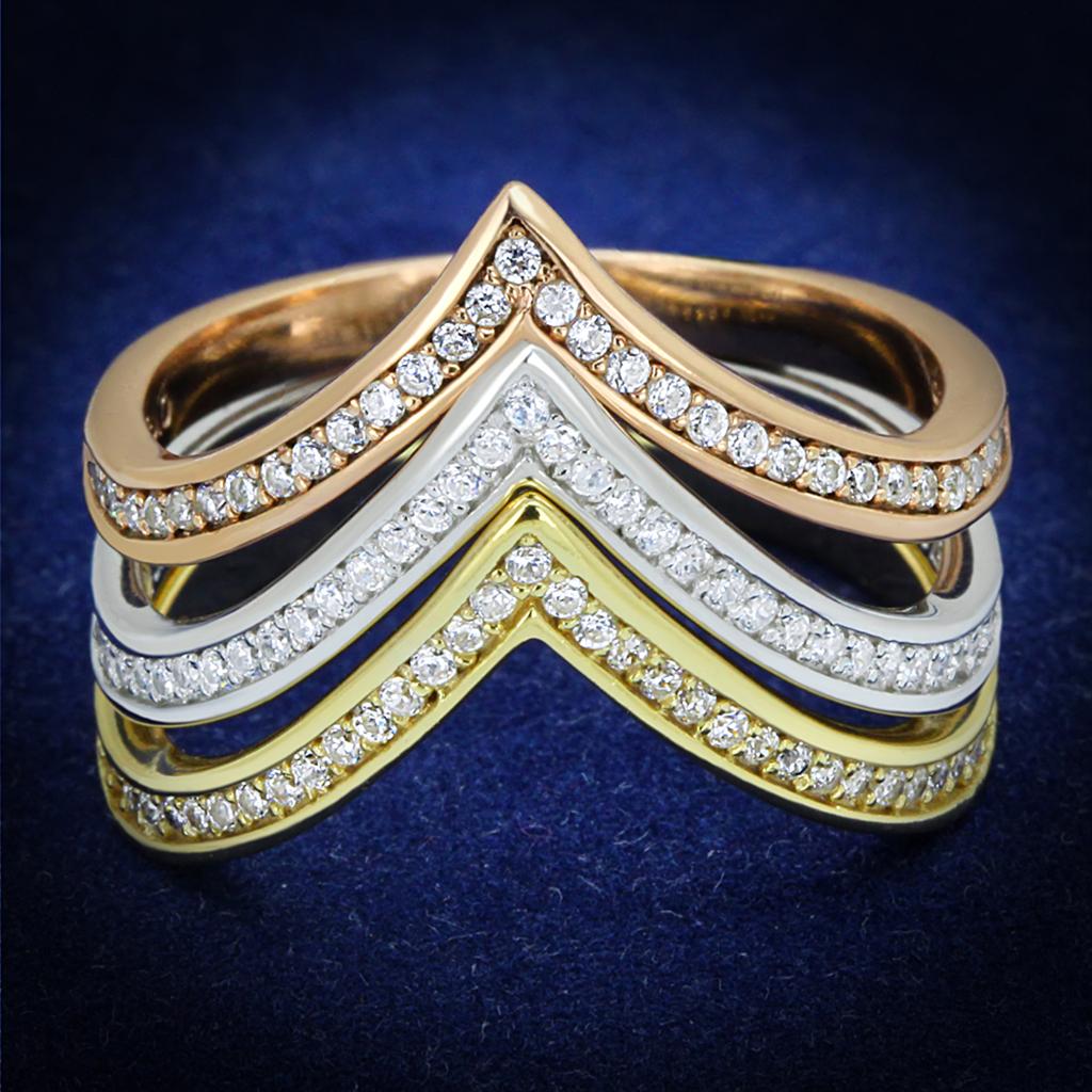 Rhodium + Gold + Rose Gold 925 Sterling Silver Ring with AAA Grade CZ  in Clear