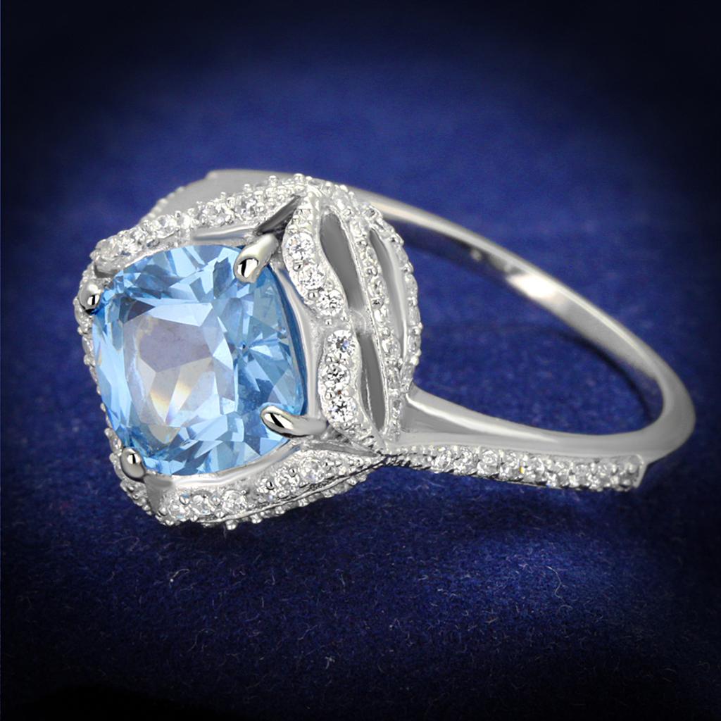 Rhodium 925 Sterling Silver Ring with Synthetic Spinel in Sea Blue