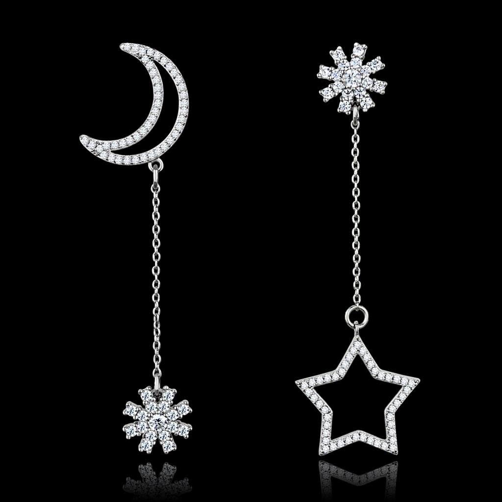 Rhodium 925 Sterling Silver Earrings with AAA Grade CZ  in Clear