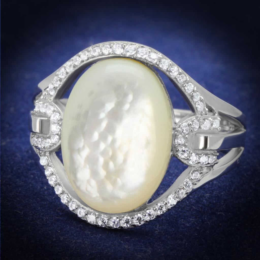 Rhodium 925 Sterling Silver Ring with Precious Stone Conch in White