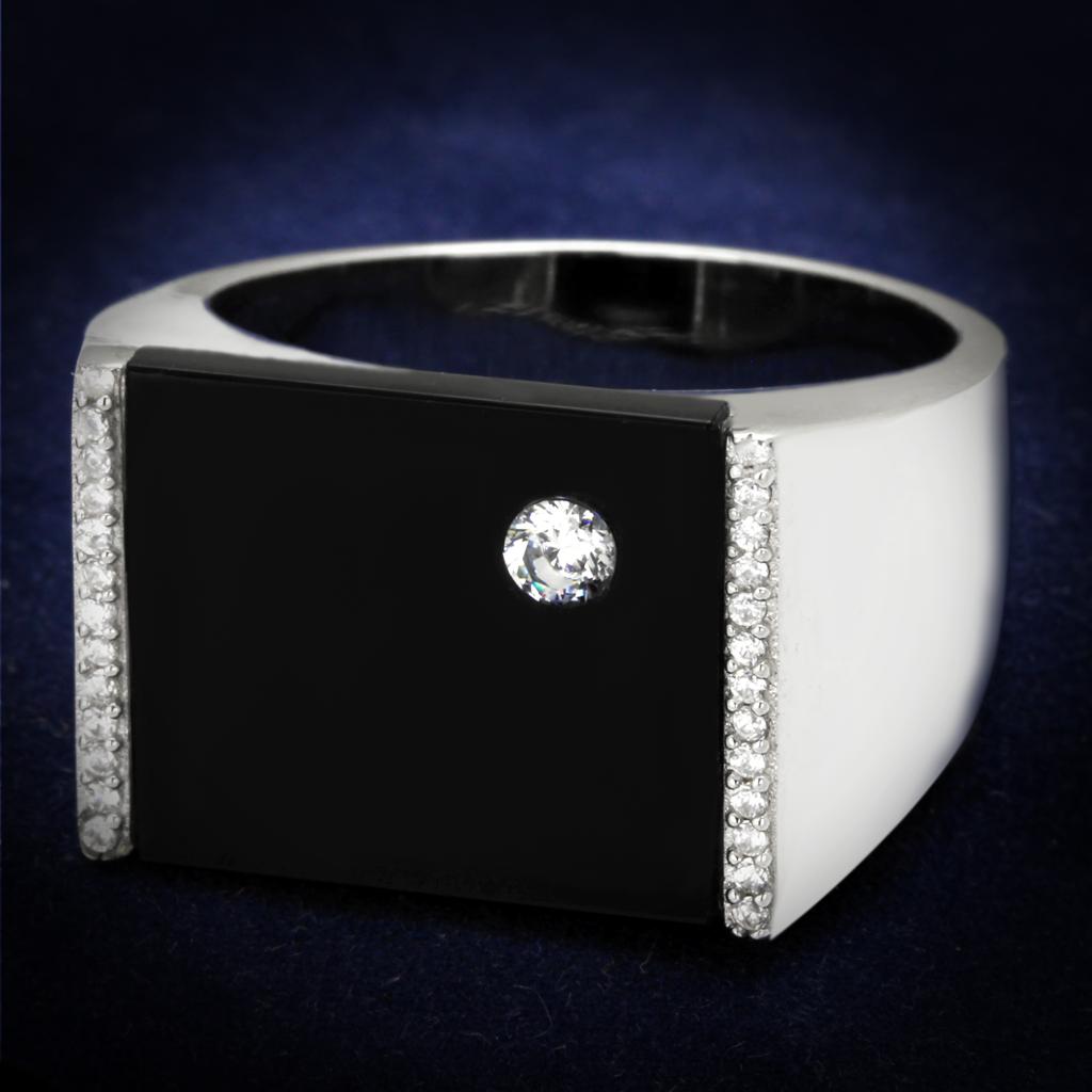 Rhodium 925 Sterling Silver Ring with Synthetic Onyx in Jet