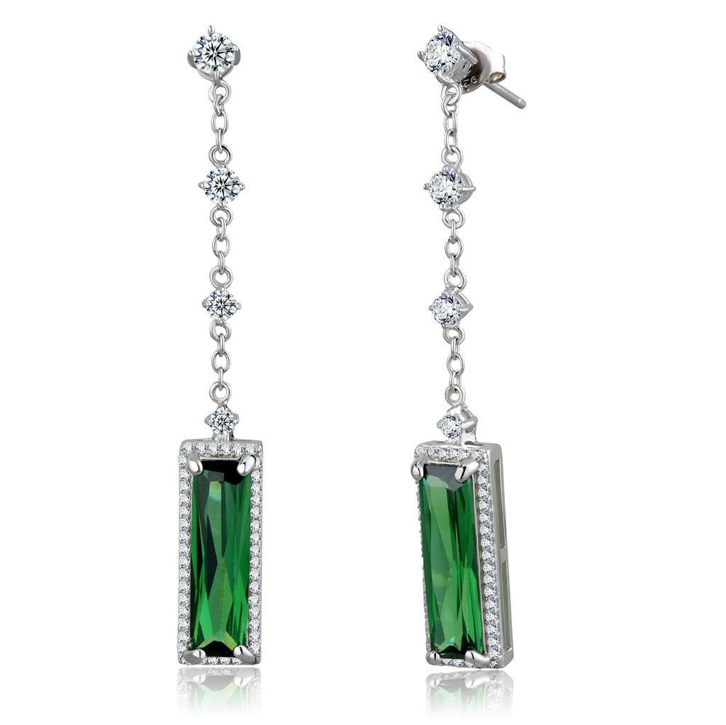Rhodium 925 Sterling Silver Earrings with AAA Grade CZ  in Emerald