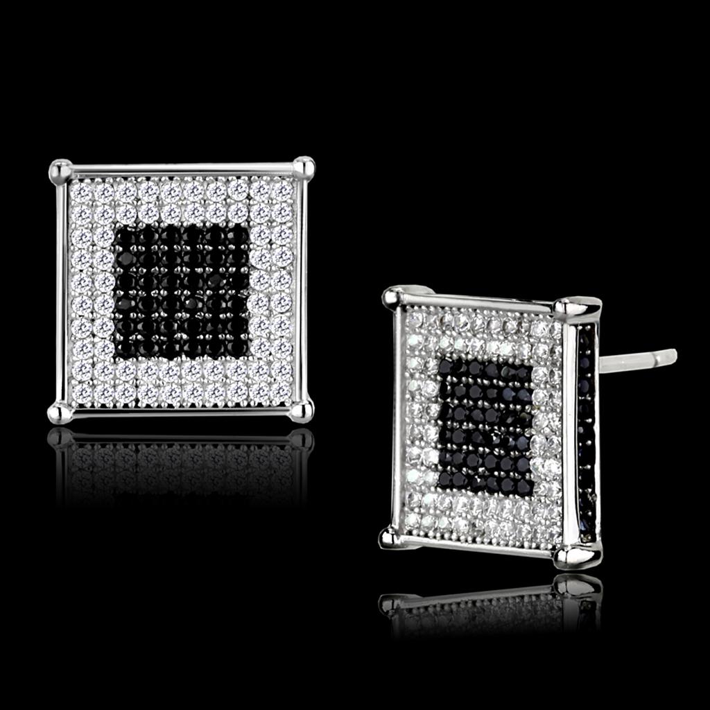 Rhodium + Ruthenium 925 Sterling Silver Earrings with AAA Grade CZ  in Black Diamond