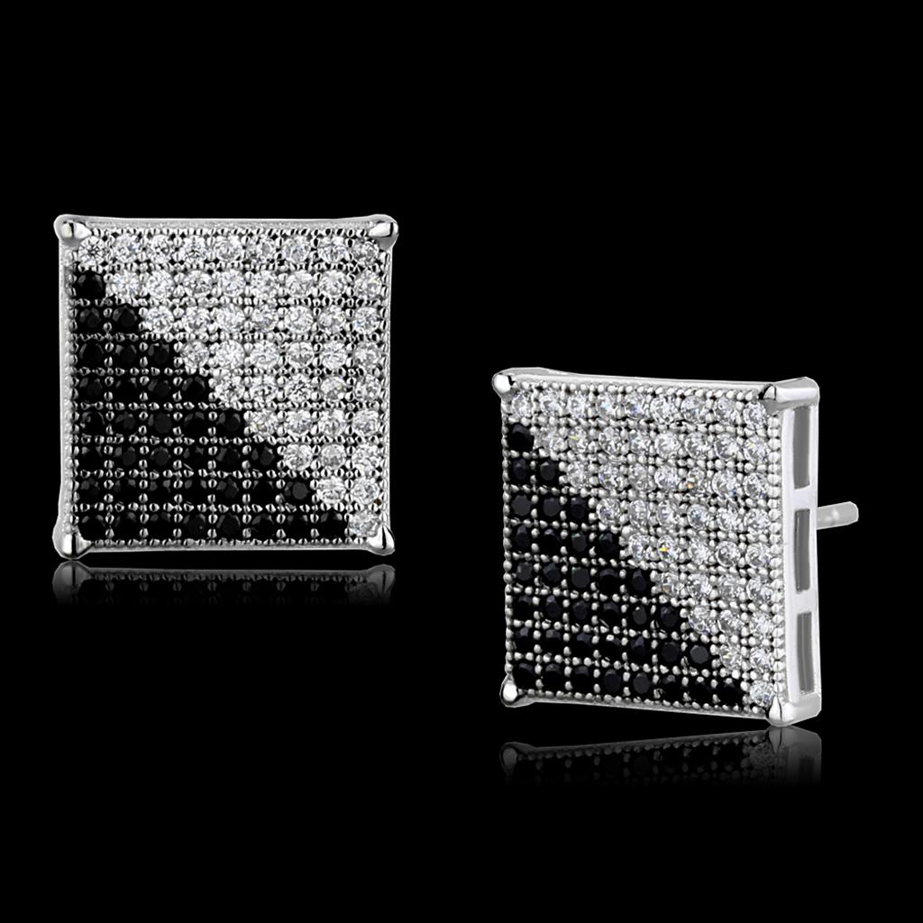 Rhodium + Ruthenium 925 Sterling Silver Earrings with AAA Grade CZ  in Black Diamond