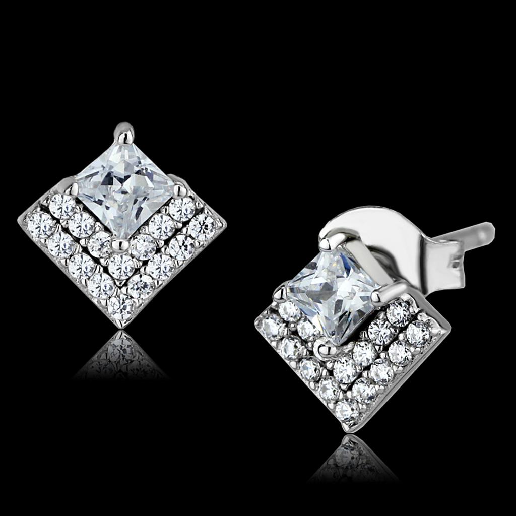 Rhodium 925 Sterling Silver Earrings with AAA Grade CZ  in Clear