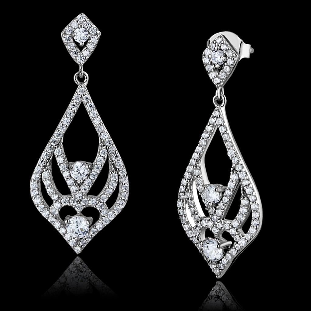 Rhodium 925 Sterling Silver Earrings with AAA Grade CZ  in Clear