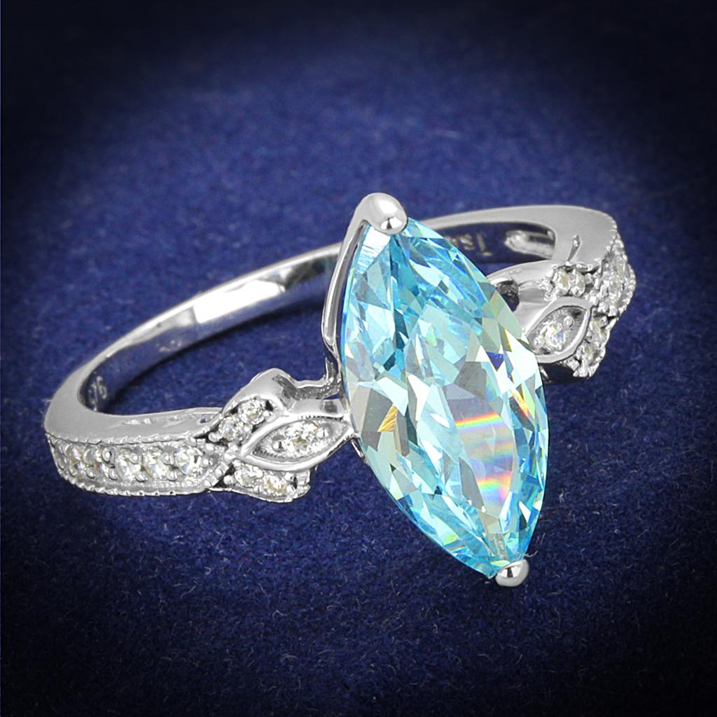 Rhodium 925 Sterling Silver Ring with AAA Grade CZ  in Sea Blue