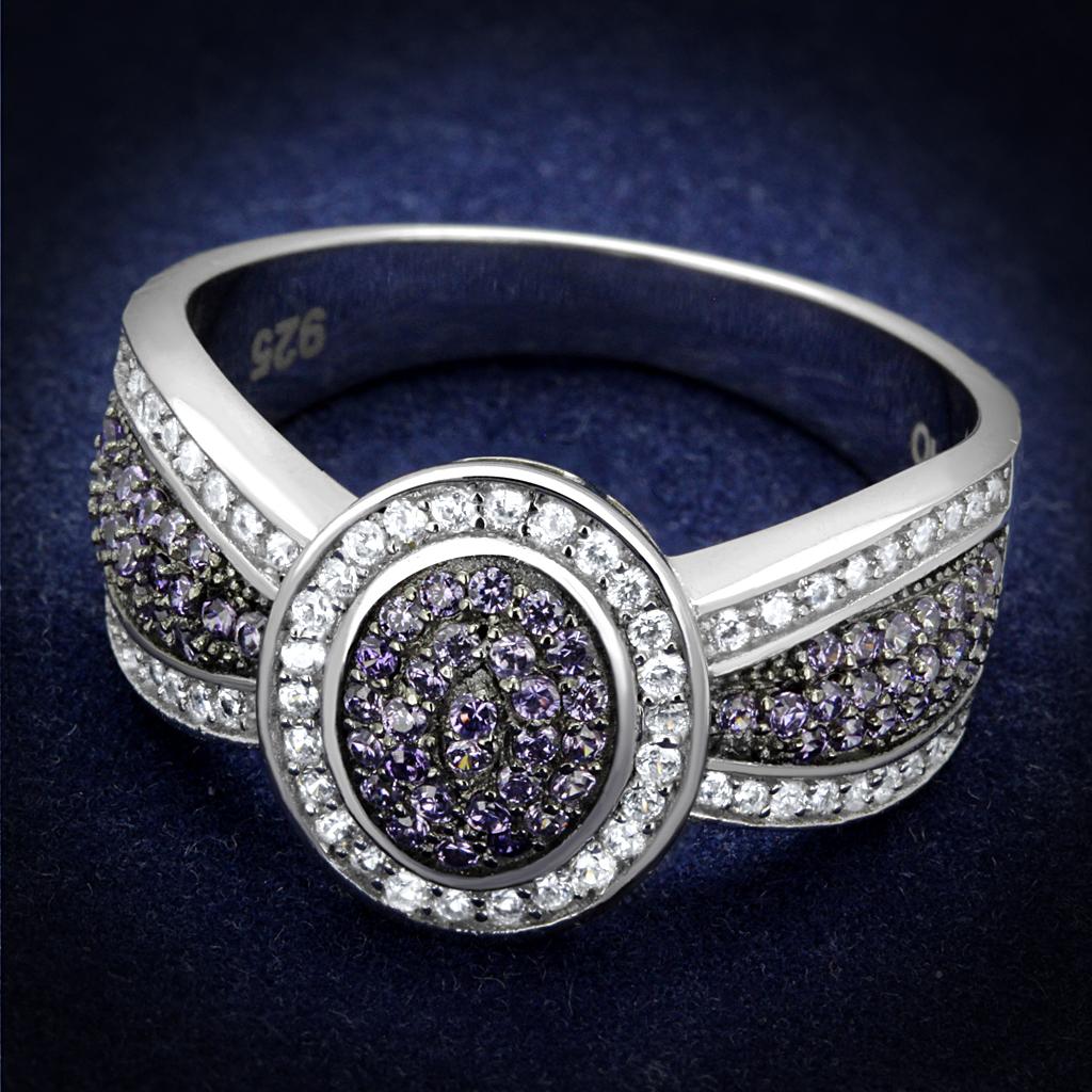 Rhodium + Ruthenium 925 Sterling Silver Ring with AAA Grade CZ  in Amethyst