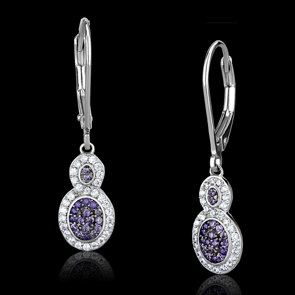 Rhodium + Ruthenium 925 Sterling Silver Earrings with AAA Grade CZ  in Amethyst