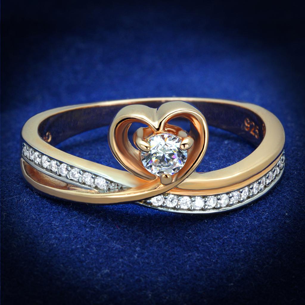 Rose Gold + Rhodium 925 Sterling Silver Ring with AAA Grade CZ  in Clear