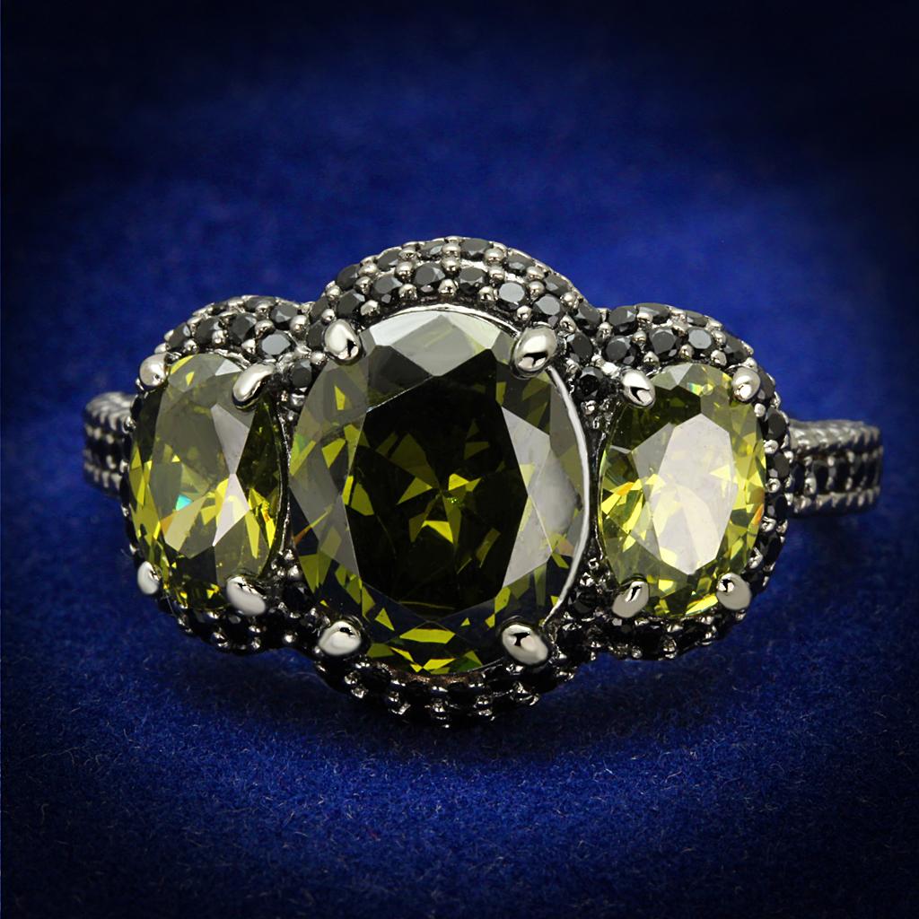 Ruthenium 925 Sterling Silver Ring with AAA Grade CZ  in Olivine color