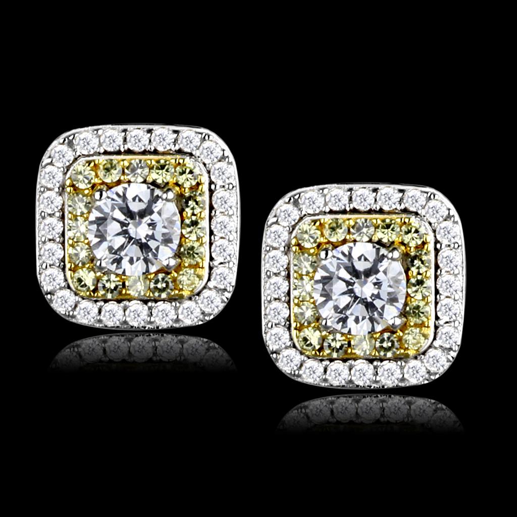 Reverse Two-Tone 925 Sterling Silver Earrings with AAA Grade CZ  in Clear