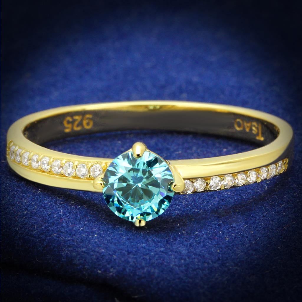 Gold 925 Sterling Silver Ring with AAA Grade CZ  in Sea Blue
