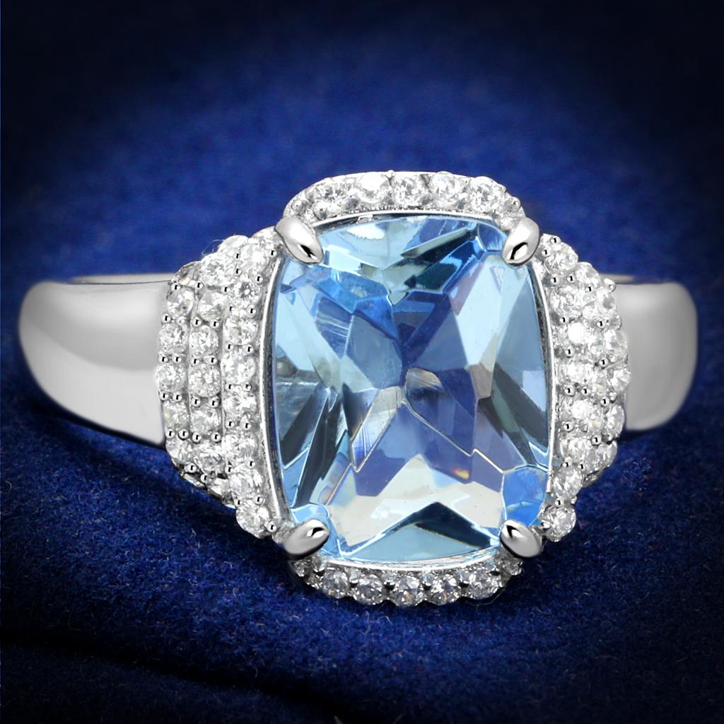Rhodium 925 Sterling Silver Ring with Synthetic Synthetic Glass in Light Sapphire